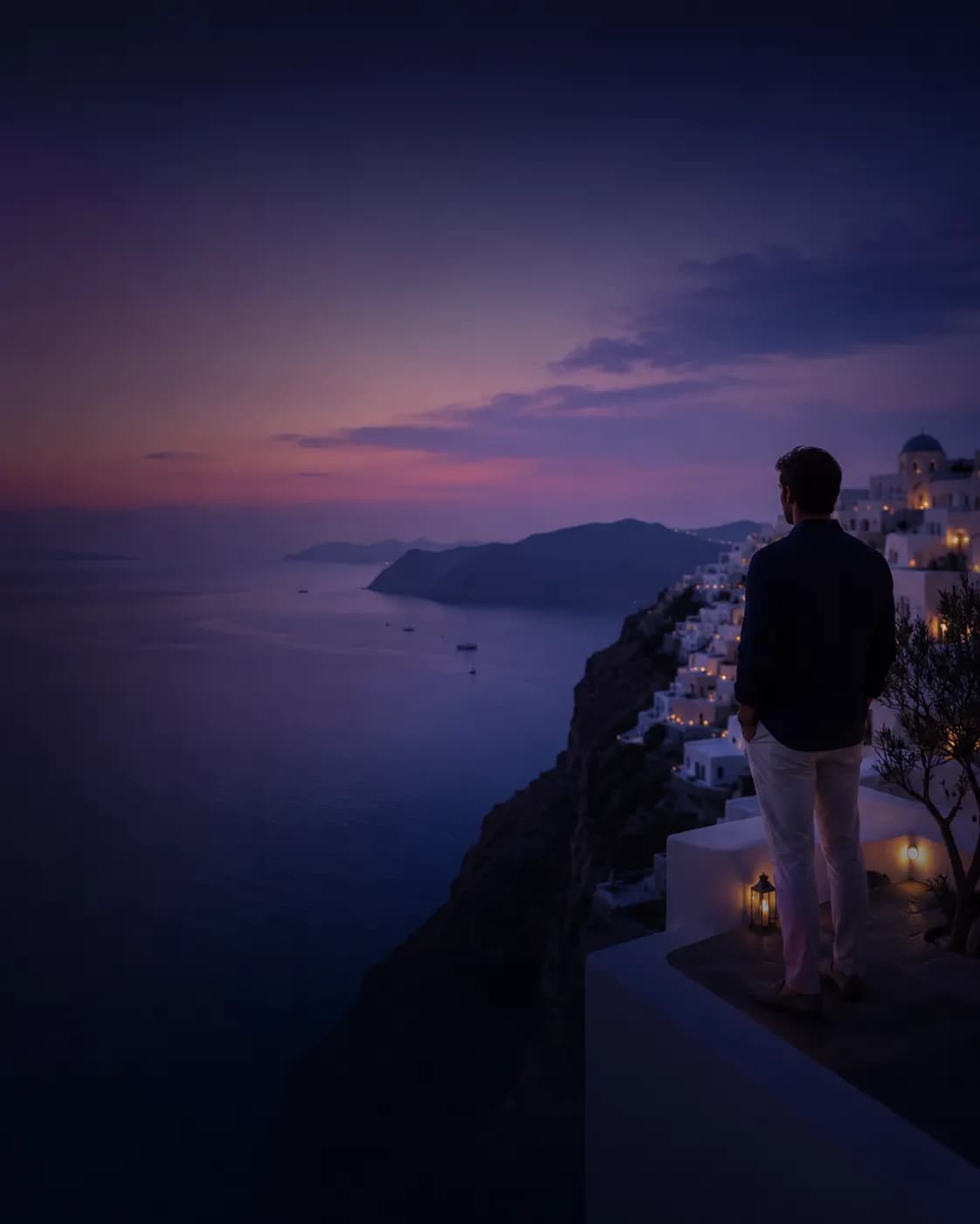 Viajero contemplando el atardecer sobre el mar en un pueblo blanco del Mediterráneo